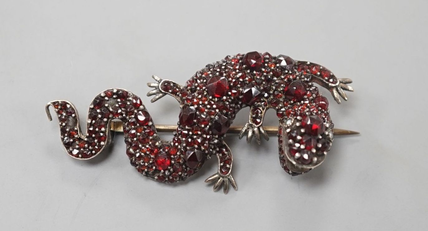 A Victorian gilt white metal and garnet cluster set lizard brooch, 49mm.